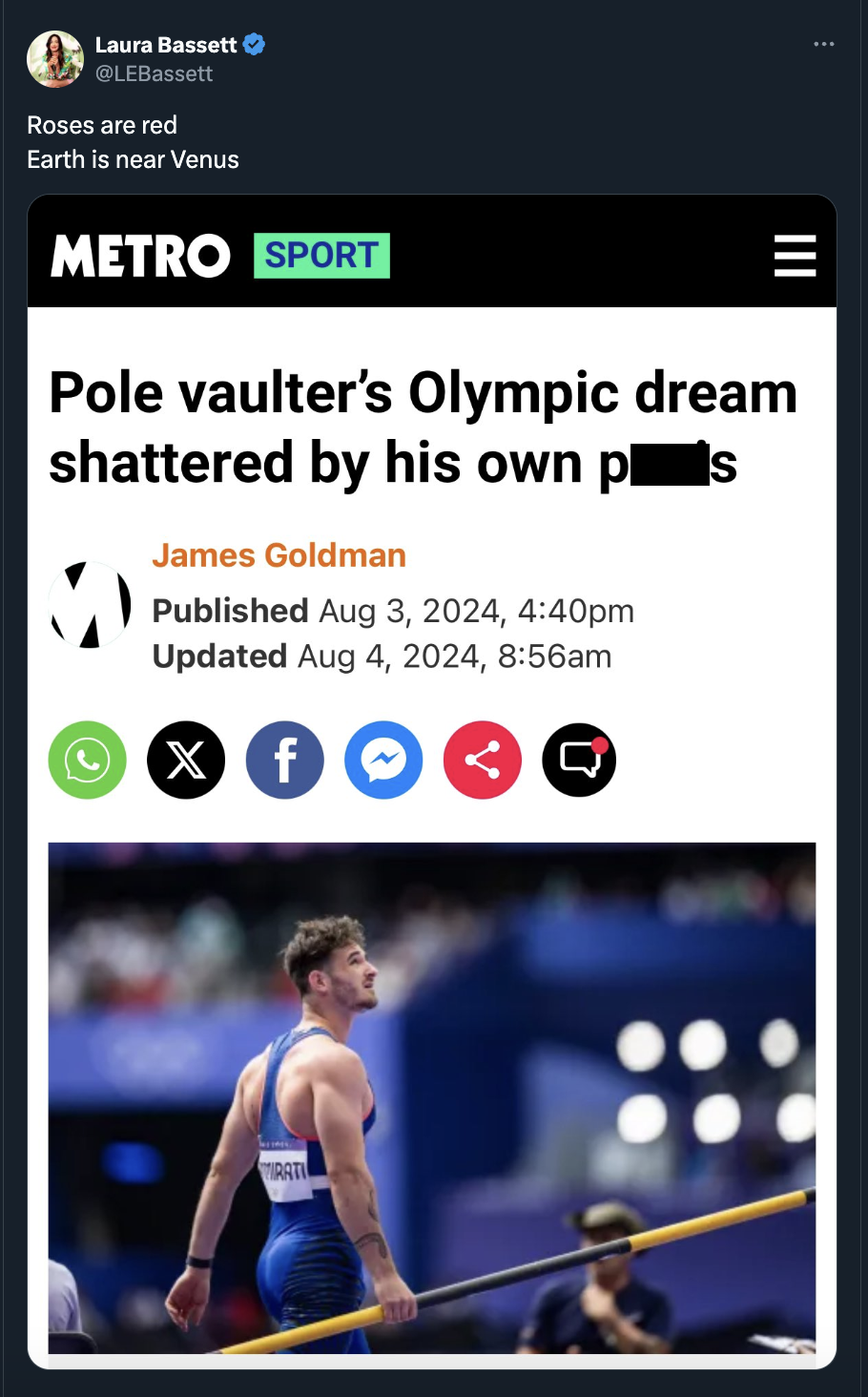 Anthony Ammirati - Laura Bassett LEBassett Roses are red Earth is near Venus Metro Sport Pole vaulter's Olympic dream shattered by his own ps James Goldman Published , pm Updated , am x f Q